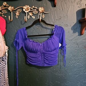 Royal Blue Ruched Cropped Tie-Sleeve Top -